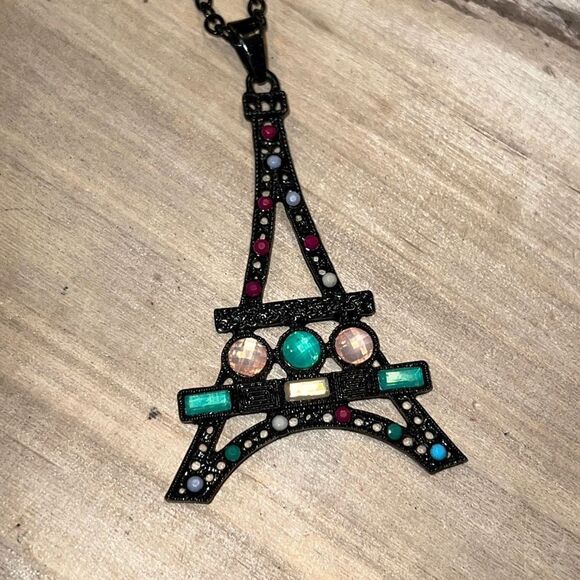 Jeweled Black Paris EffieTower With Pinks, Greens, Red, Blue On Chain - Picture 5 of 6